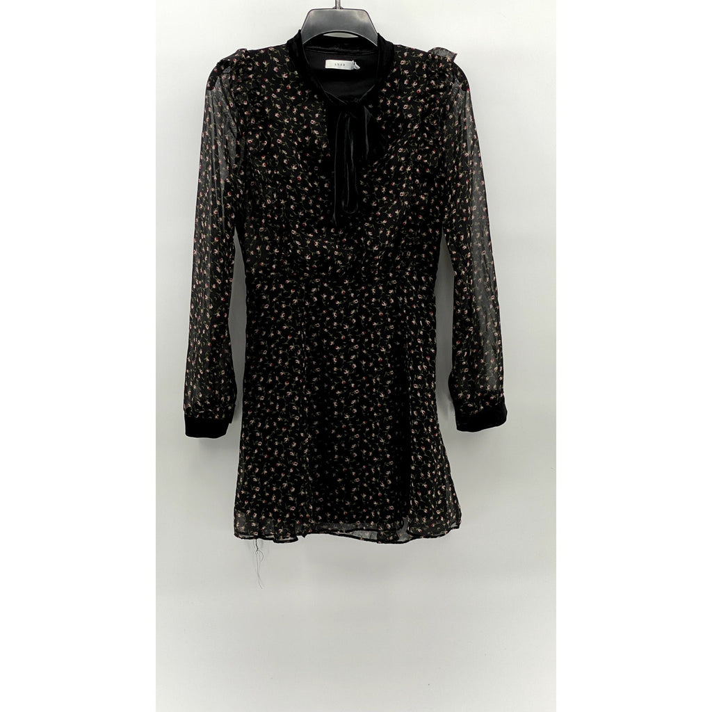 LUSH Women's Black Floral Velvet Tie-Neck Long Sleeve Ruffle Mini Dress SZ S