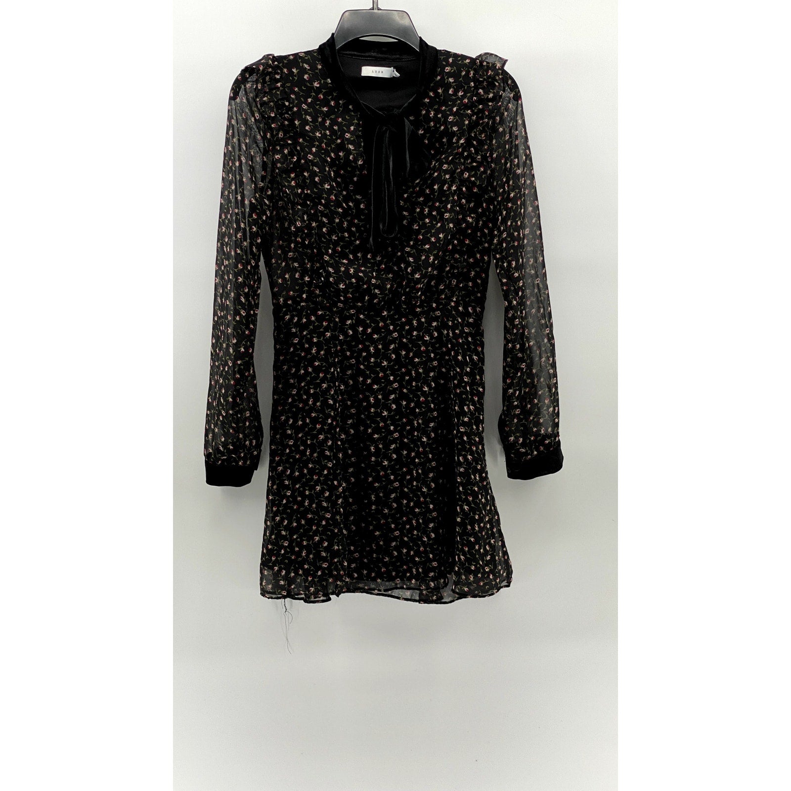 LUSH Women's Black Floral Velvet Tie-Neck Long Sleeve Ruffle Mini Dress SZ S