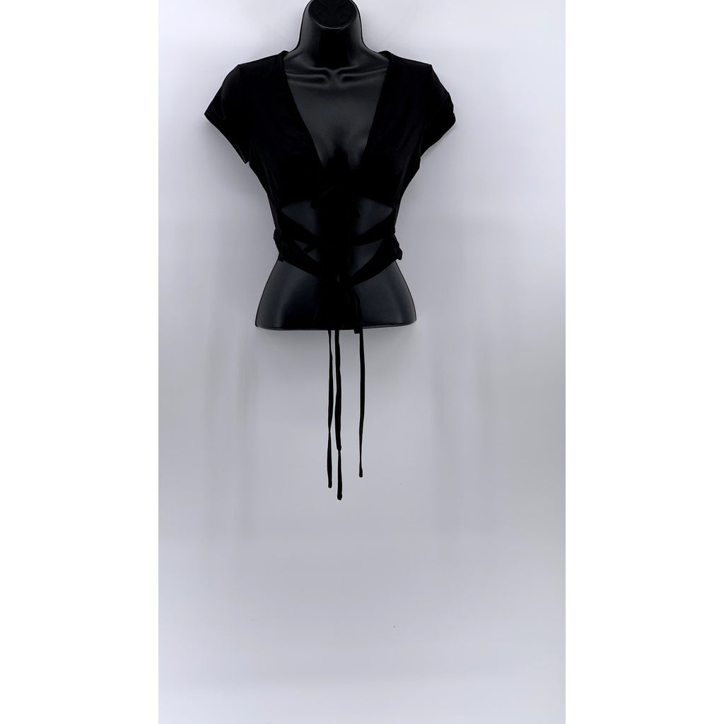 I.AM.GIA Women's Black V-Neck Cutout Wrap Short Sleeve Crop Top SZ S