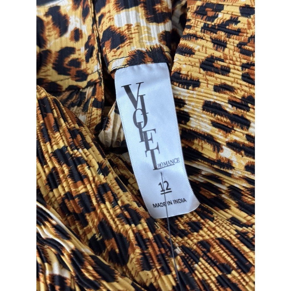 VIOLET ROMANCE Women's Brown Multi Leopard Print Plisse Midi Dress SZ 12