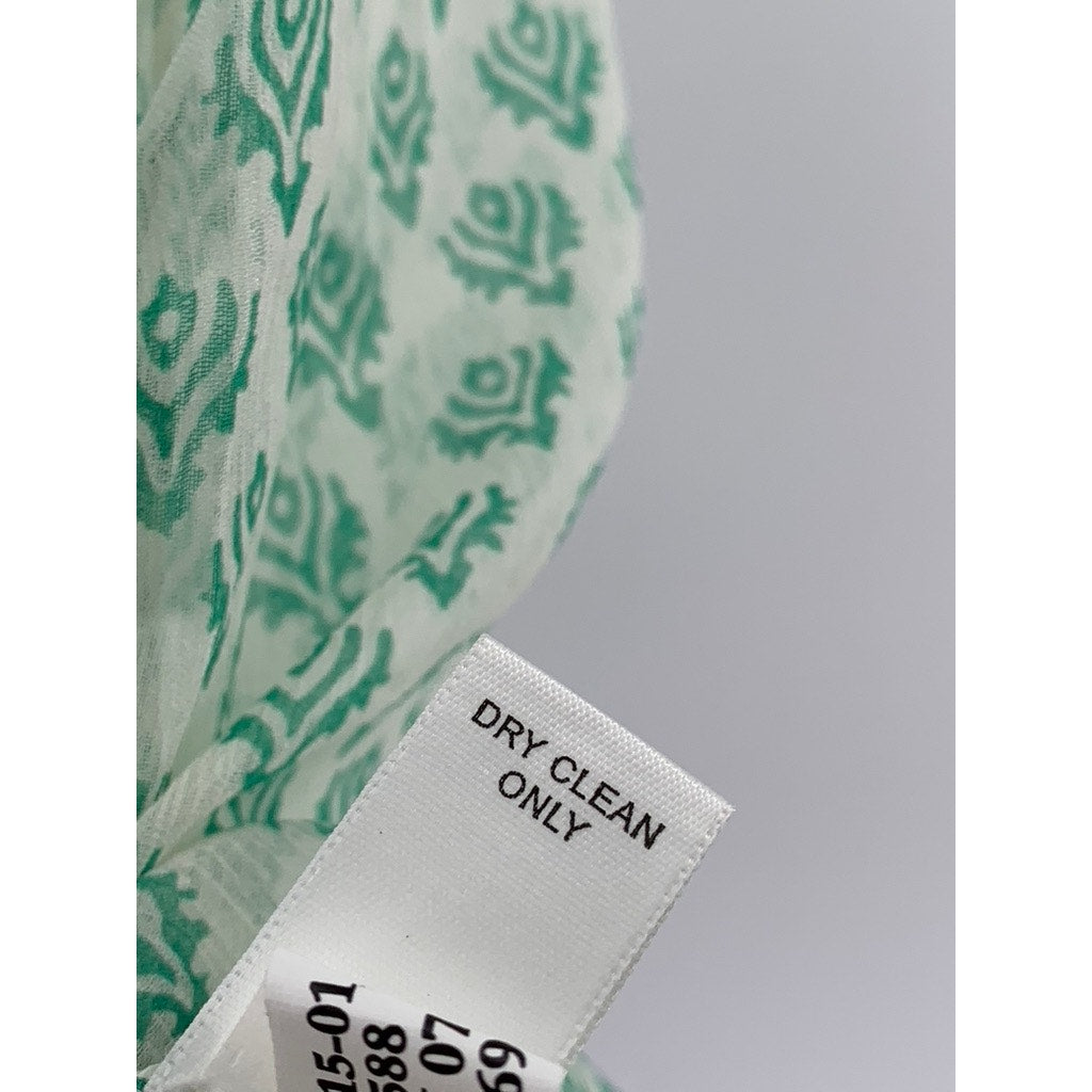 BANANA REPUBLIC Women's White-Green Printed Pintuck Button-Up Silk Top SZ L