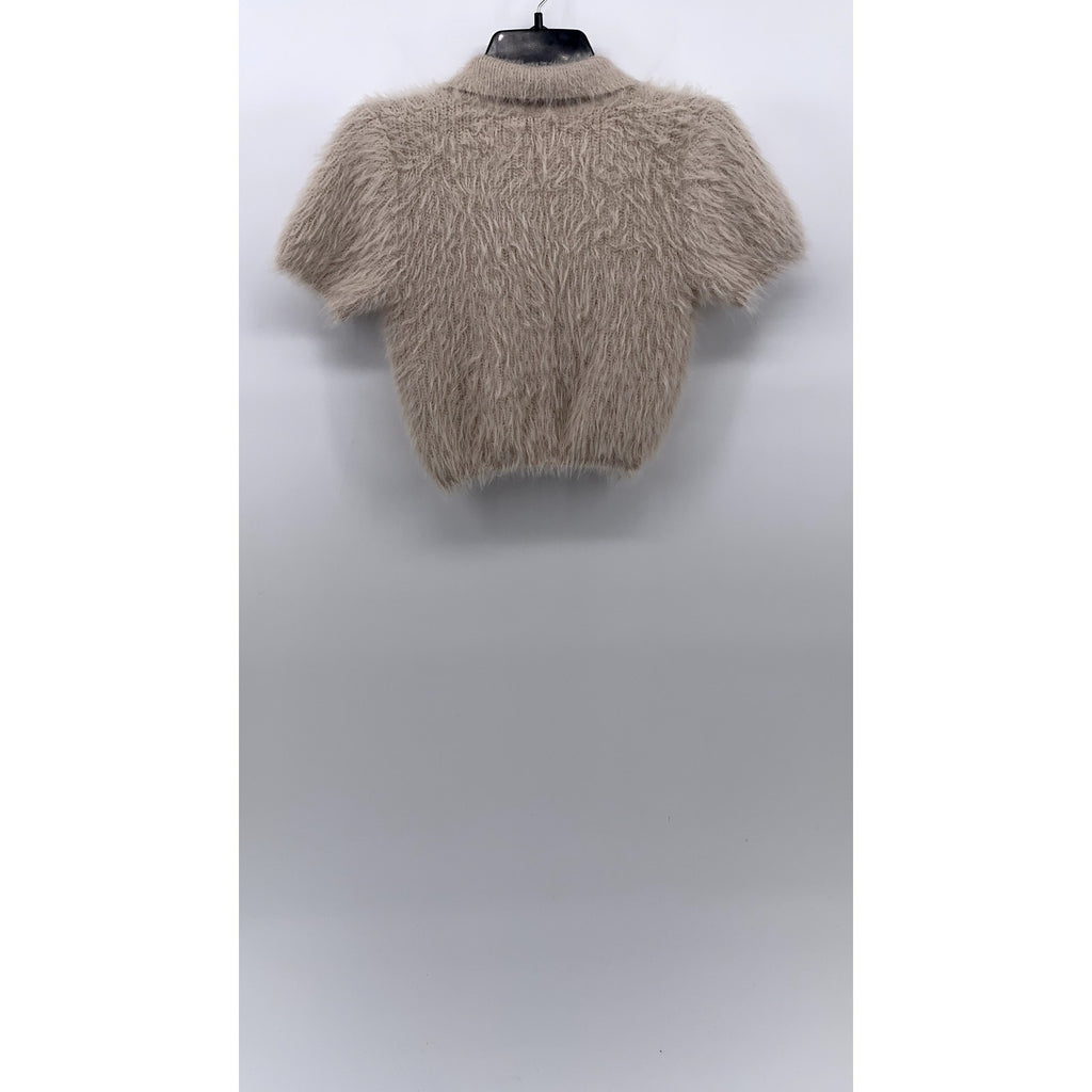 ZARA Women's Beige Fuzzy Knit Split-Neck Short Sleeve Cropped Polo Top SZ S