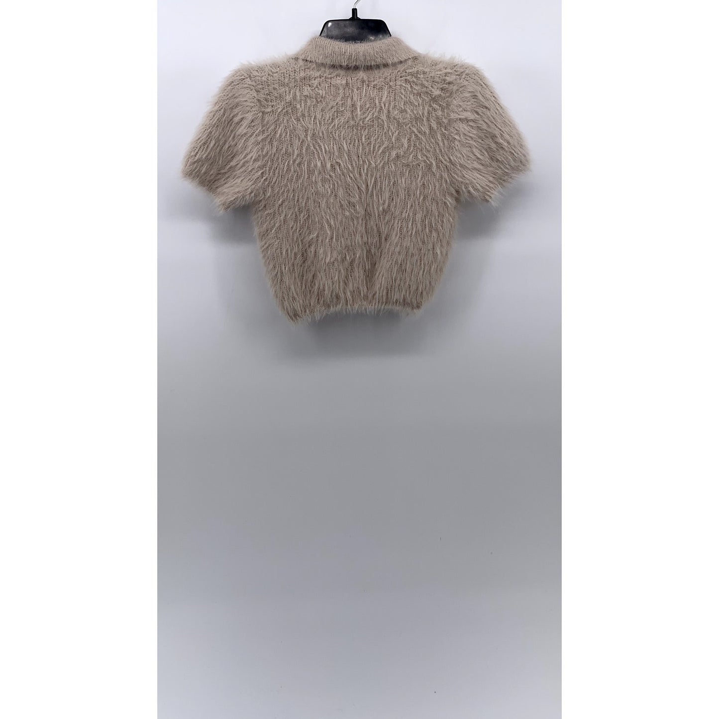 ZARA Women's Beige Fuzzy Knit Split-Neck Short Sleeve Cropped Polo Top SZ S