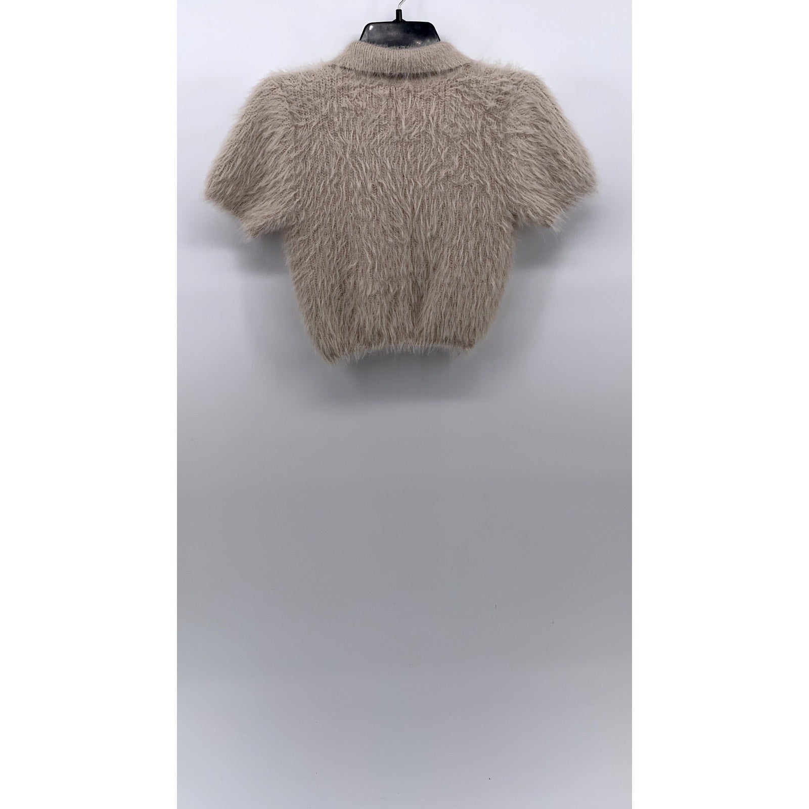 ZARA Women's Beige Fuzzy Knit Split-Neck Short Sleeve Cropped Polo Top SZ S