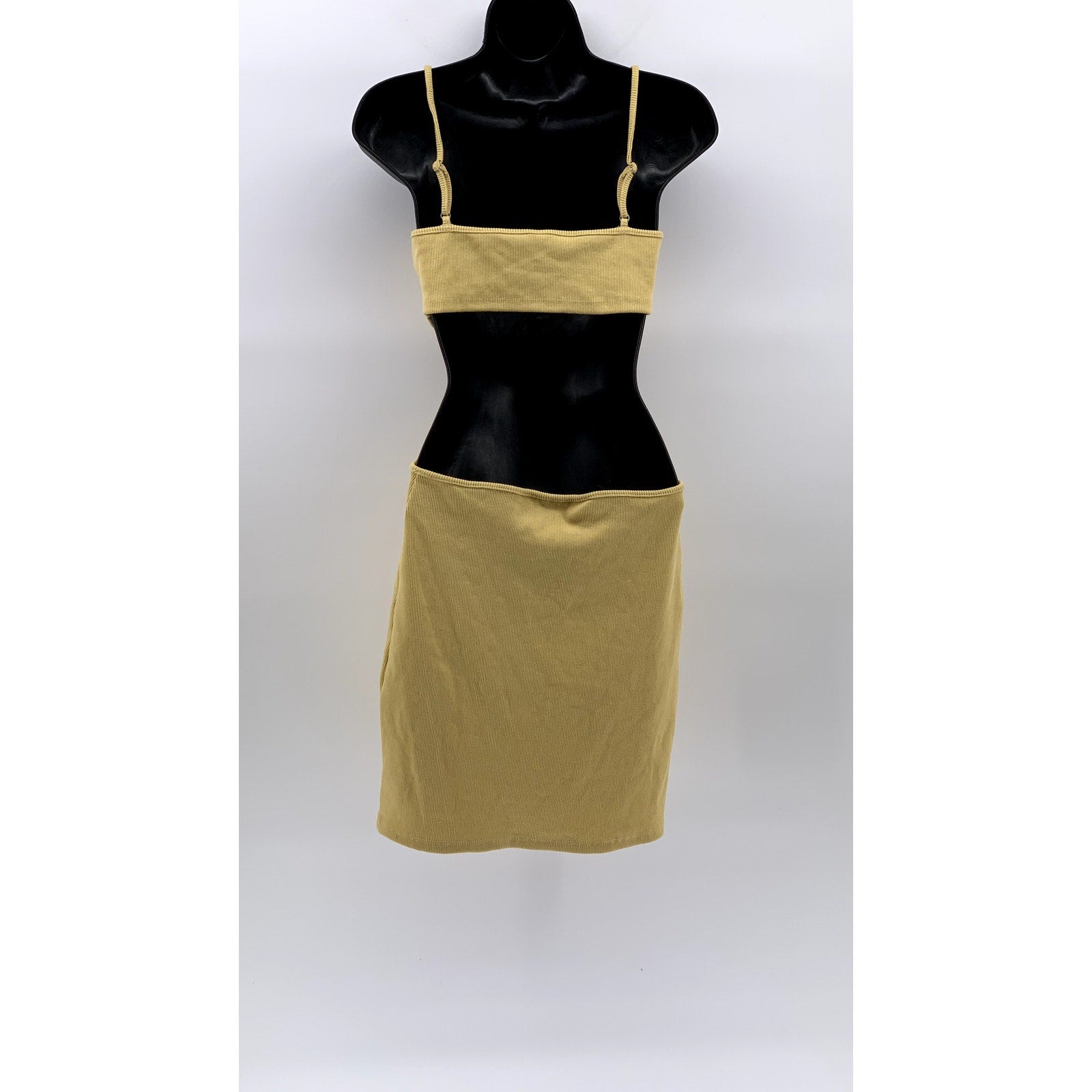 HEY BABE Women’s Yellow Ribbed V-Neck Cut-Out Spaghetti Strap Mini Dress SZ M