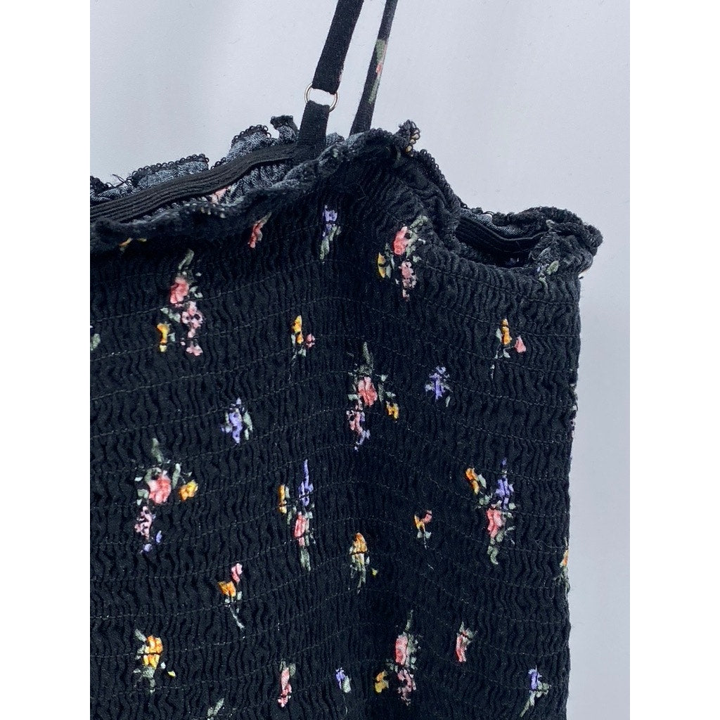 FOREVER 21 Women’s Black Floral Smocked Spaghetti Strap Cropped Tank Top SZ L