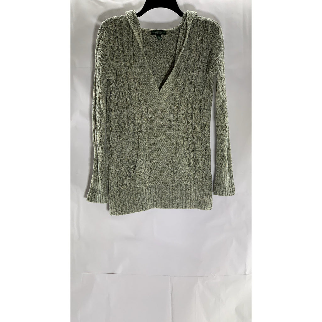 LAUREN JEANS CO. Women's Vintage Gray-Blue Cable Knit V-Neck Hooded Sweater SZXS