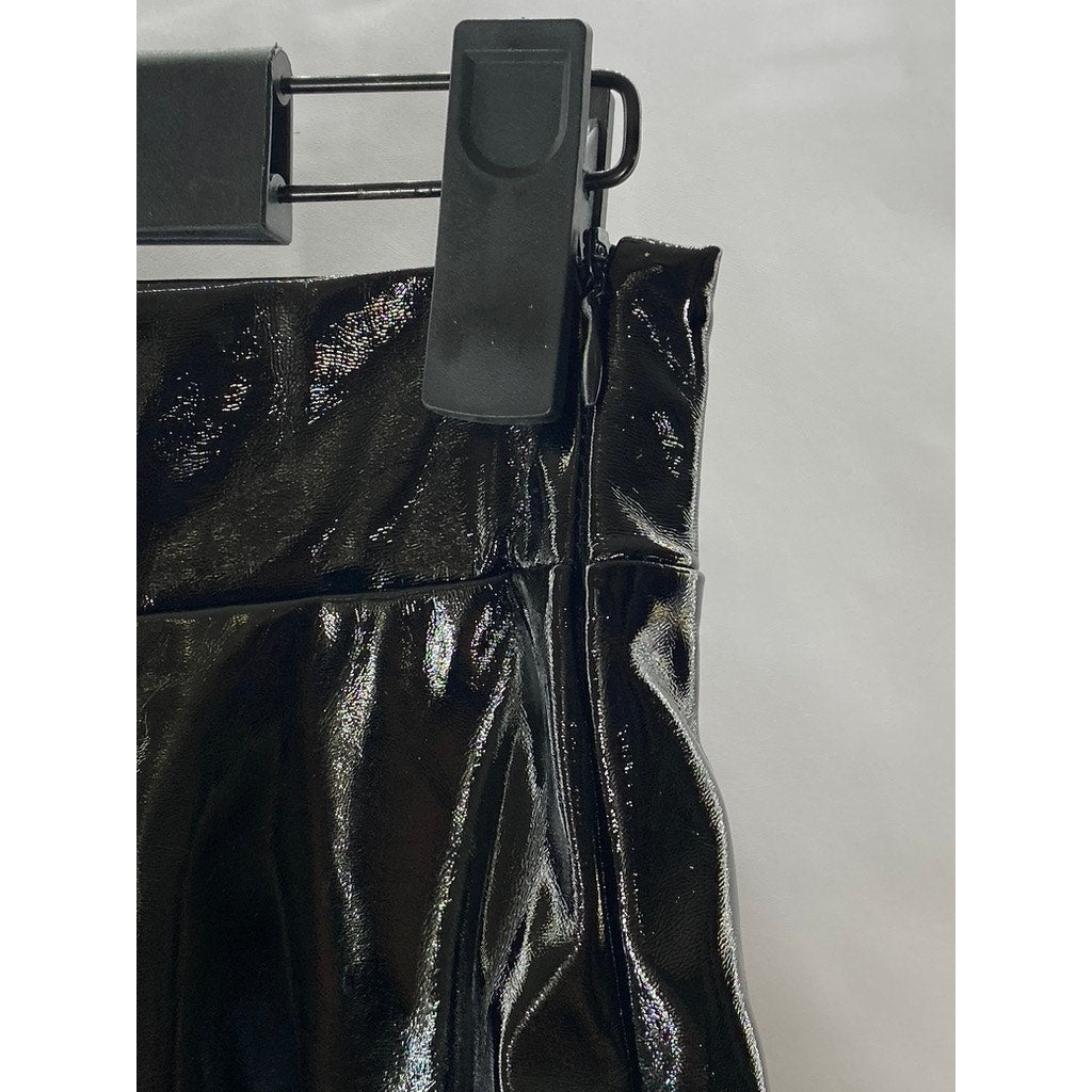 UNBRANDED Women's Black-Blue Faux Patent Leather Faux-Fur Trim Mini Skirt SZ S