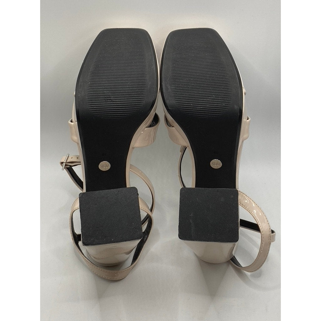 ZARA Women's Beige Patent Leather Chunky Platform Strappy Heels SZ US 7.5