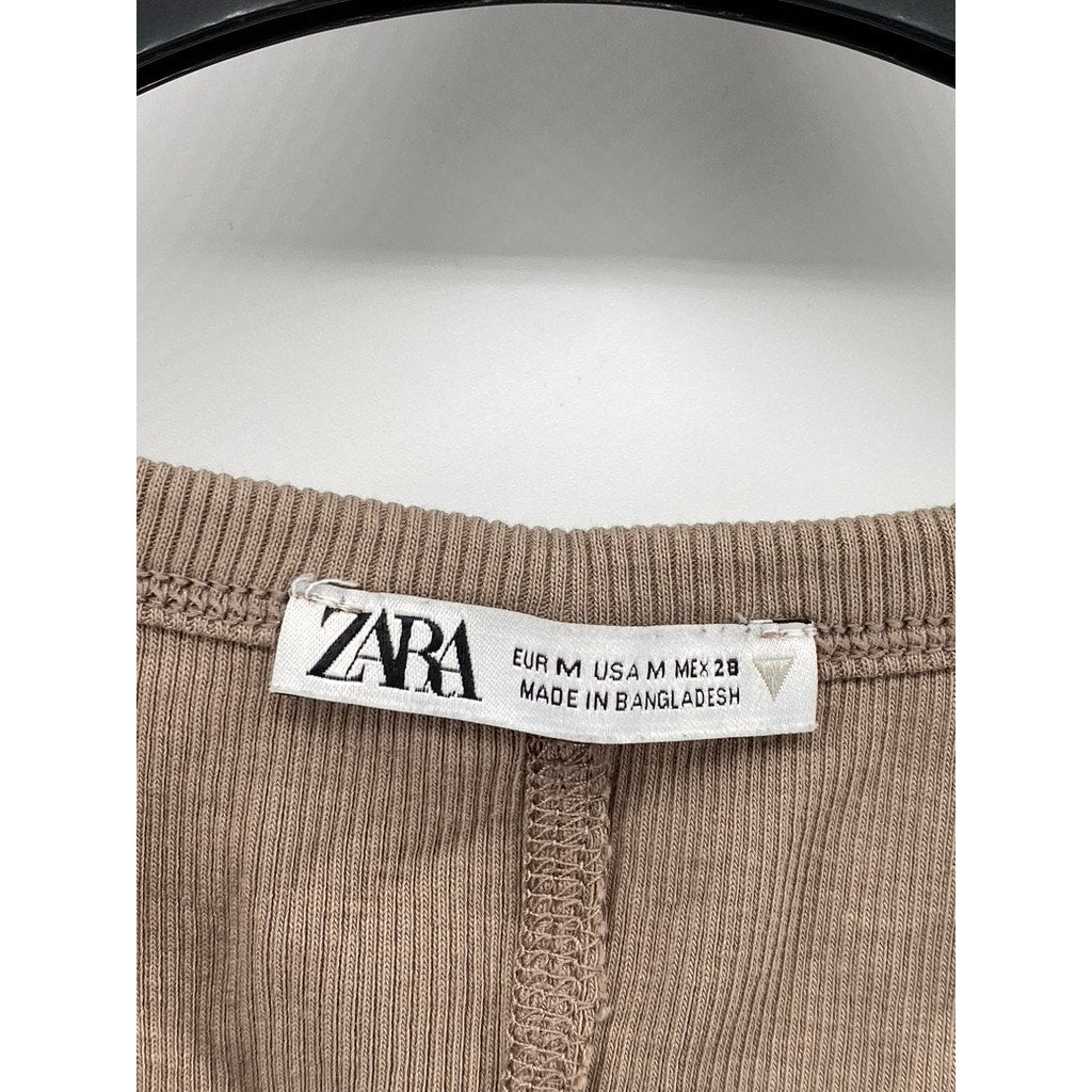 ZARA Women's Brown Ribbed Scoop-Neck Cropped Tank Top SZ M
