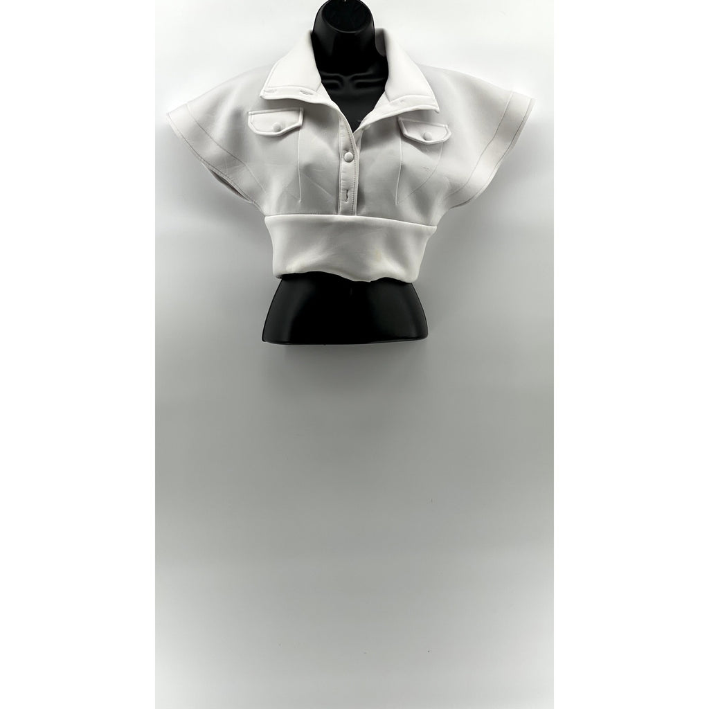 UNBRANDED Women's White Solid High Collar Button-Up Cropped Vest Top SZ S
