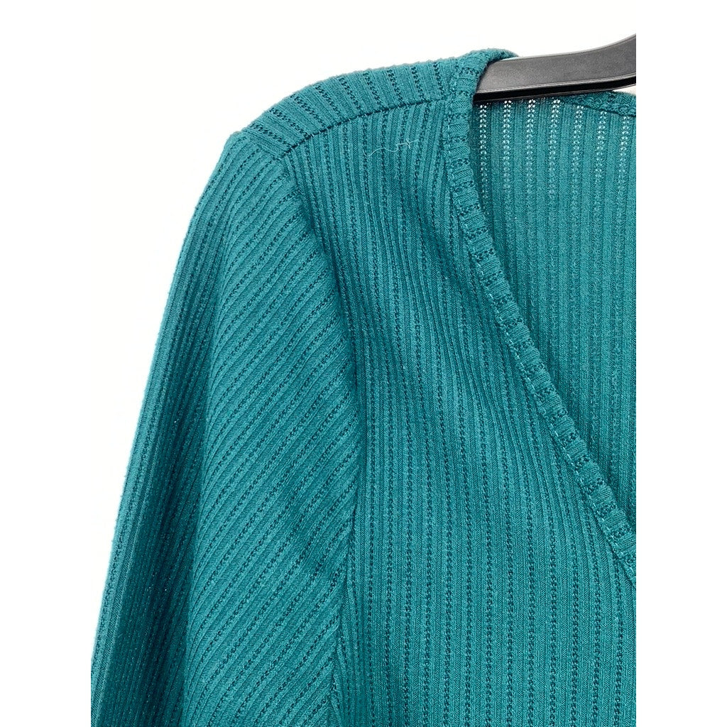 FOREVER 21 Women’s Emerald Green V-Neck Ribbed Long Sleeve Top SZ L