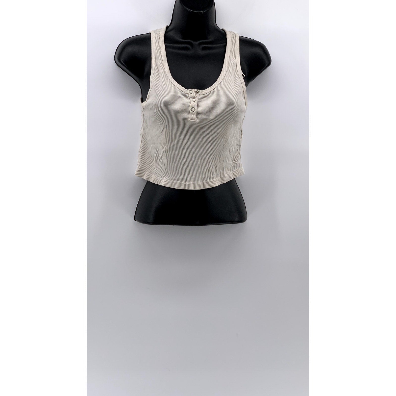 ZARA Women's Beige Ribbed Henley Cropped Tank Top SZ M