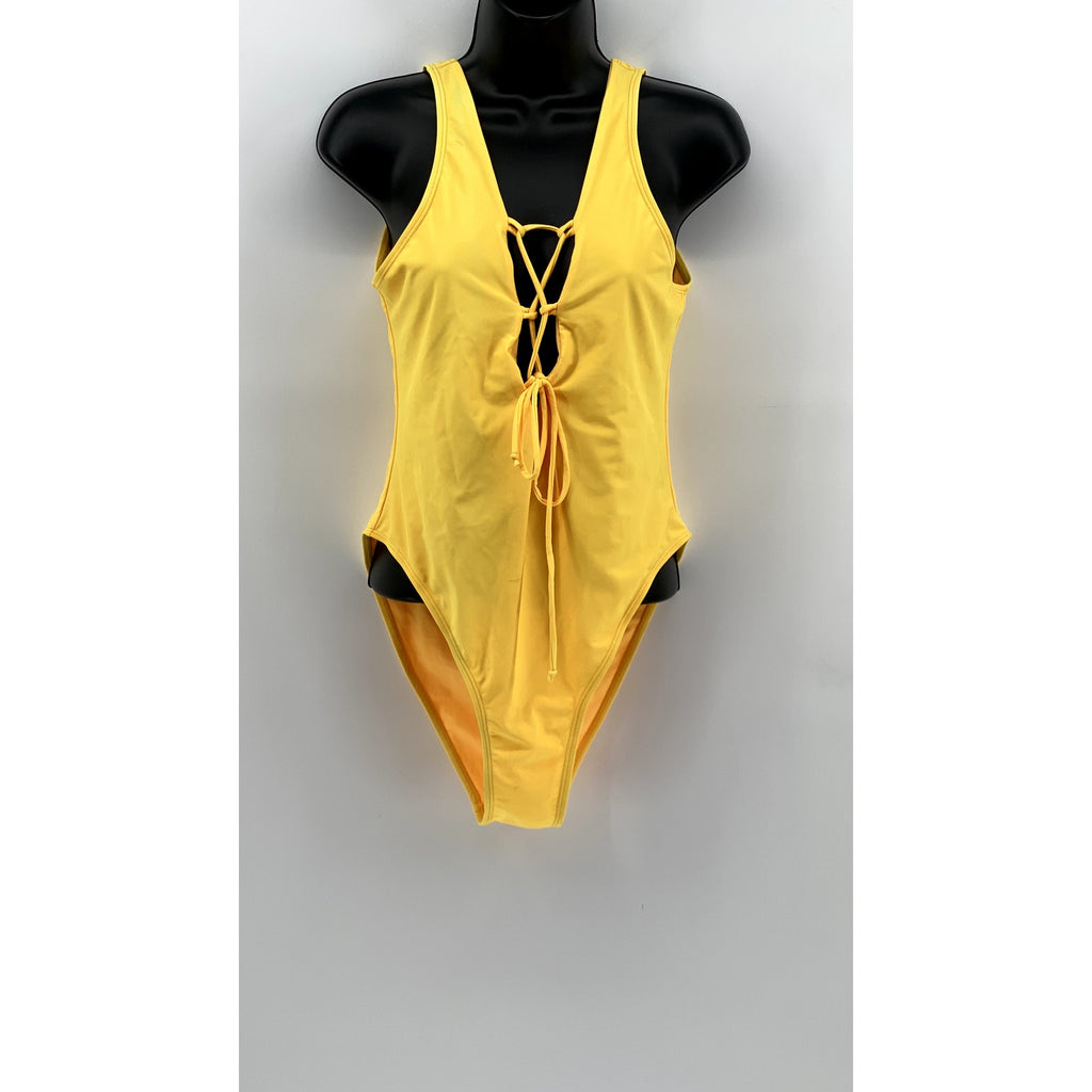 SHEKINI Women's Yellow Solid Lace-Up One-Piece Swimsuit SZ XL