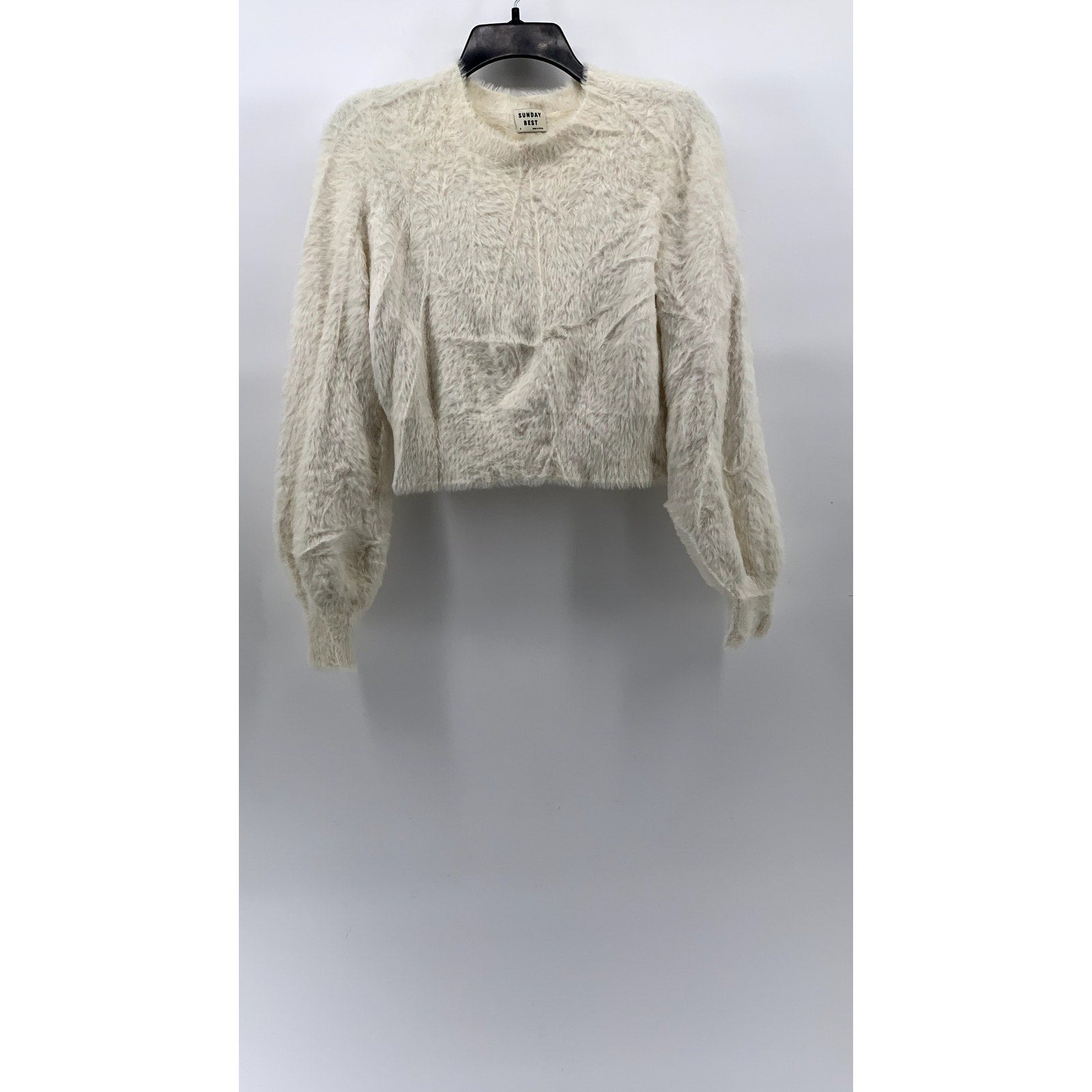 SUNDAY BEST Women's Cream Crewneck Riley Kitten Fuzzy Long Sleeve Sweater SZ S