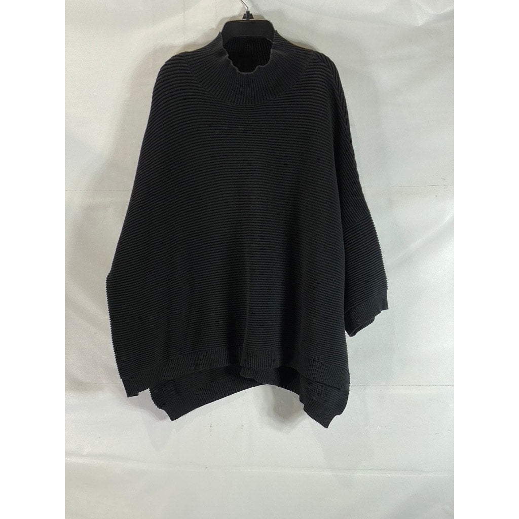 FRENCH CONNECTION Women's Black Ribbed Mock-Neck 3/4 Sleeve Poncho Sweater SZ M