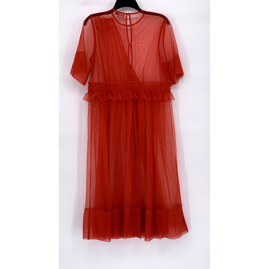 ASOS Women's Red Mesh Tulle Riffle Crewneck Short Sleeve Midi Dress SZ 8