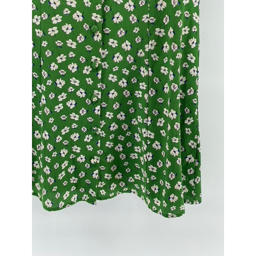 UNBANDED Women's Green Floral V-Neck Button-Up Ruffle Elbow Sleeve Dress SZ M