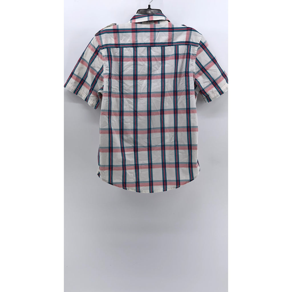 AMERICAN RAG Men's White-Multi Checkered Button-Up Short Sleeve Shirt SZ S