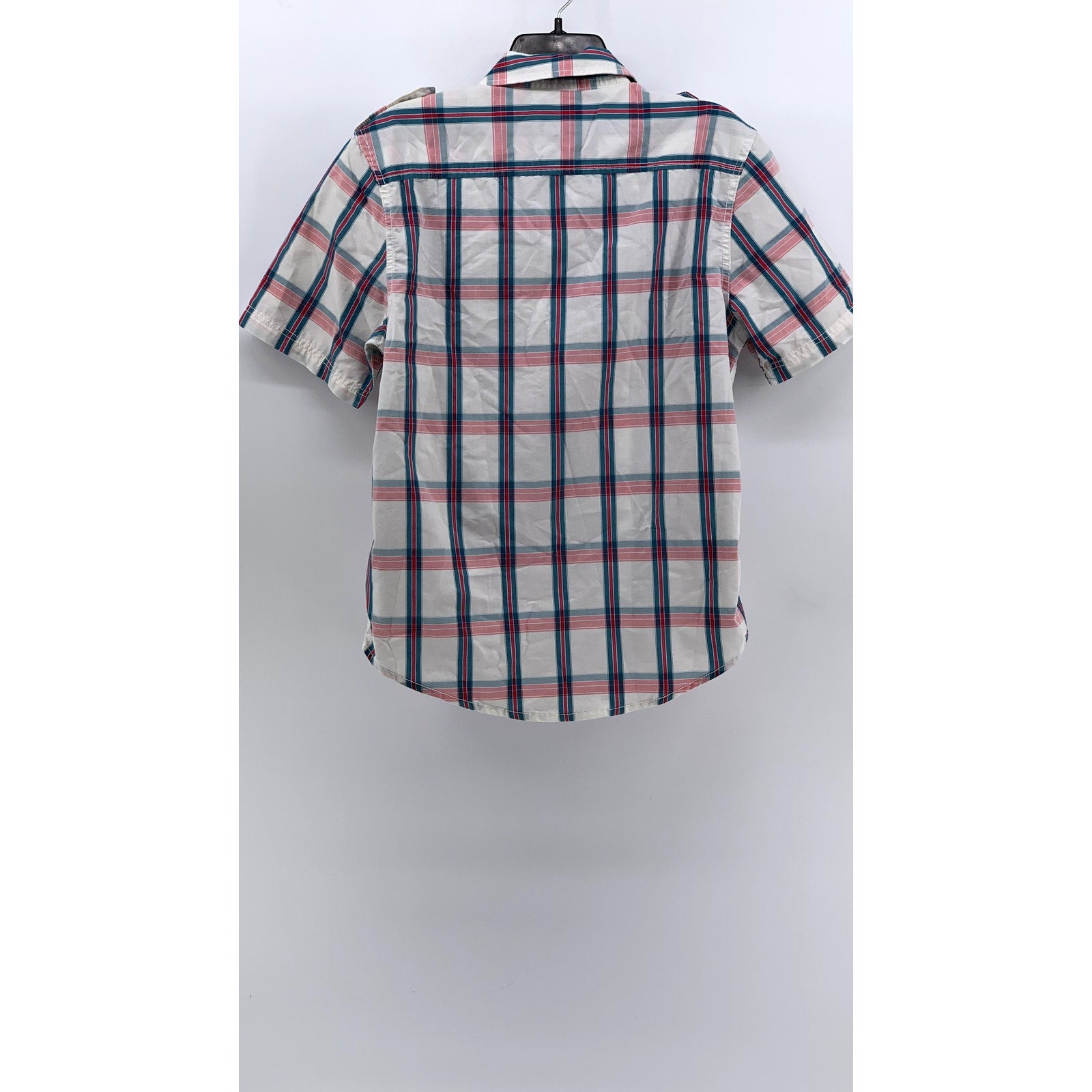 AMERICAN RAG Men's White-Multi Checkered Button-Up Short Sleeve Shirt SZ S