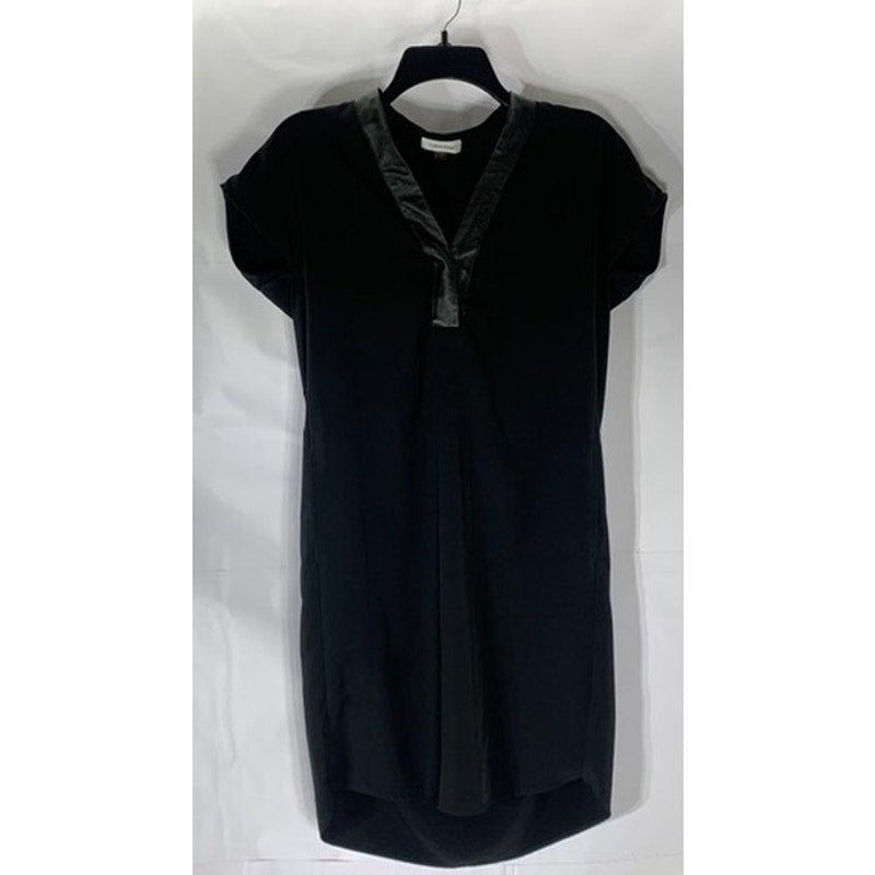 CALVIN KLEIN Women's Black Faux Leather Trim V-Neck Shift Round-Hem Dress SZ 6