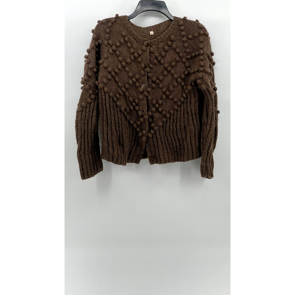 KTS Women's Brown Knit Button-Up Diamond Ball Textured Ribbed Cardigan SZ XS