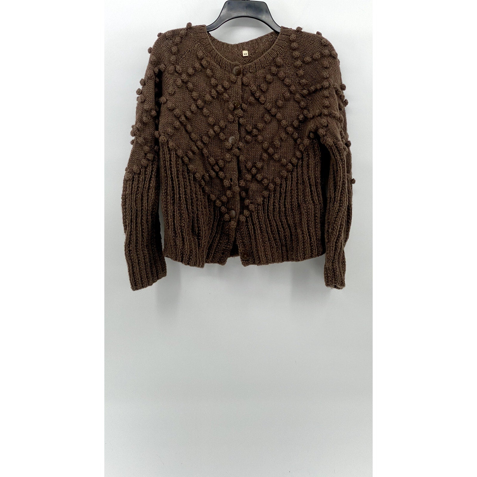KTS Women's Brown Knit Button-Up Diamond Ball Textured Ribbed Cardigan SZ XS