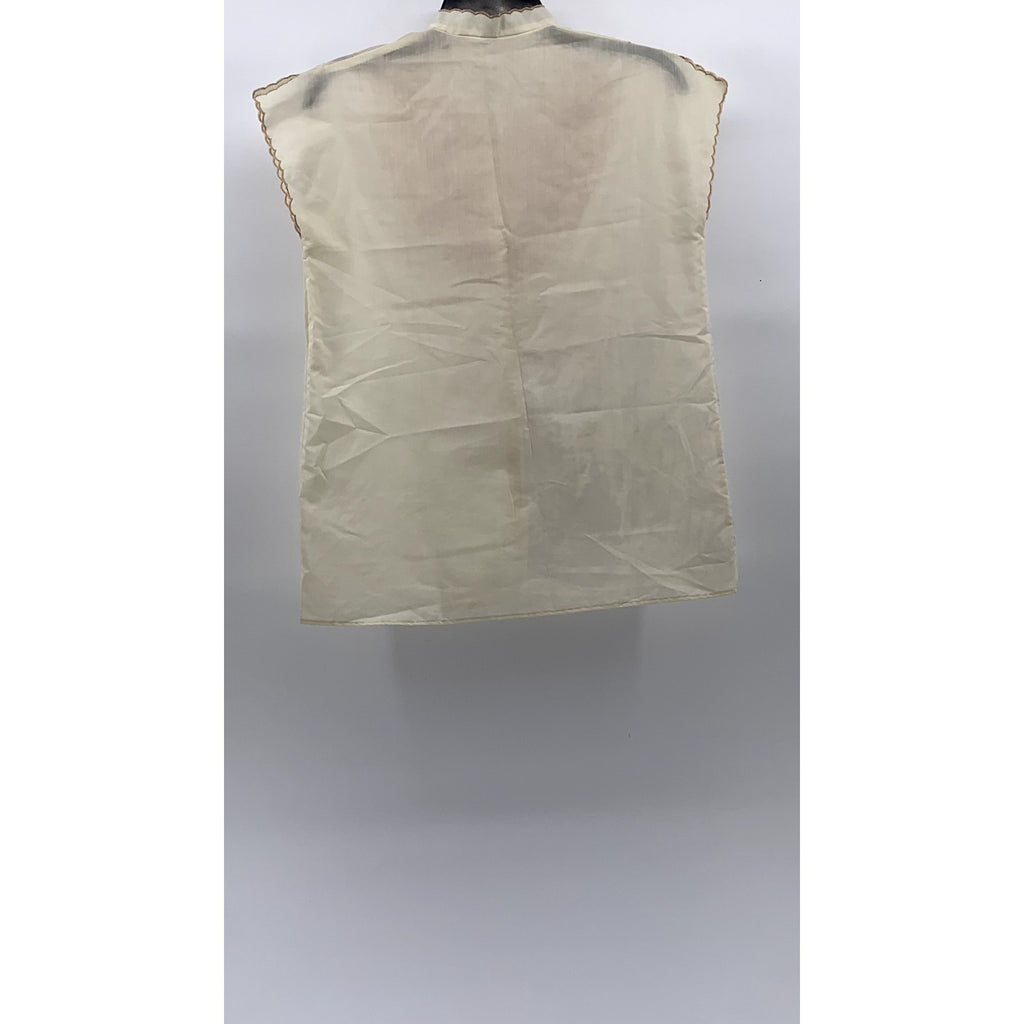 UNBRANDED Women's Beige Embroidered Mock Collar Button-Up Cap Sleeve Top SZ M