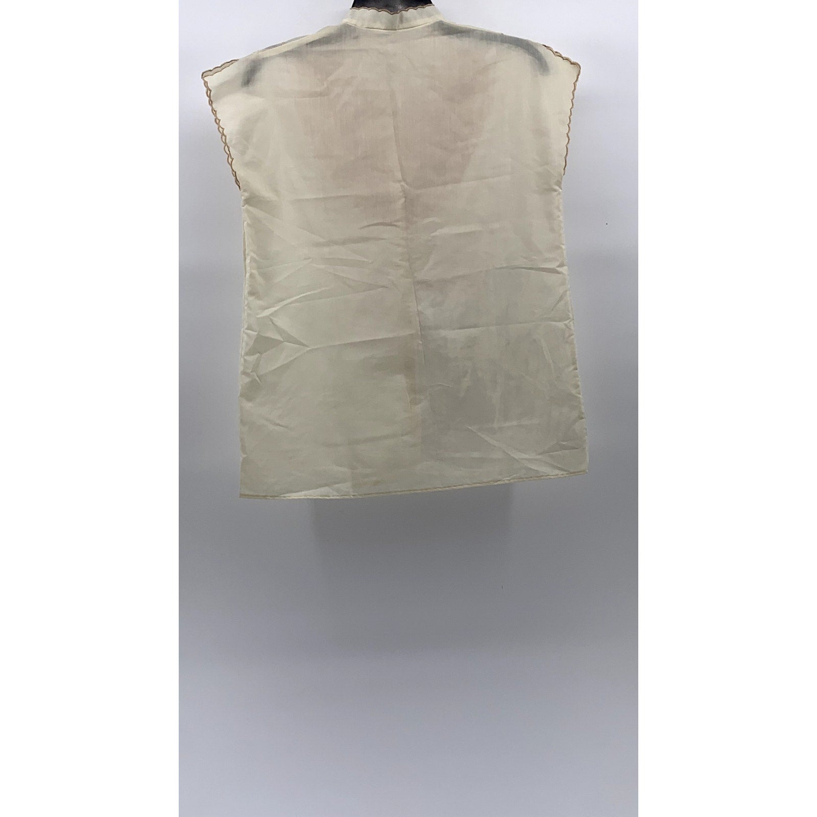 UNBRANDED Women's Beige Embroidered Mock Collar Button-Up Cap Sleeve Top SZ M