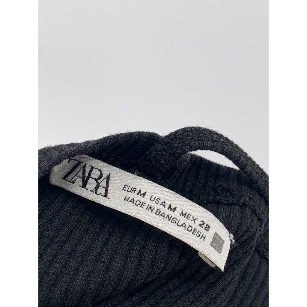 ZARA Women's Black Ribbed Asymmetrical Spaghetti Strap Cropped Top SZ M