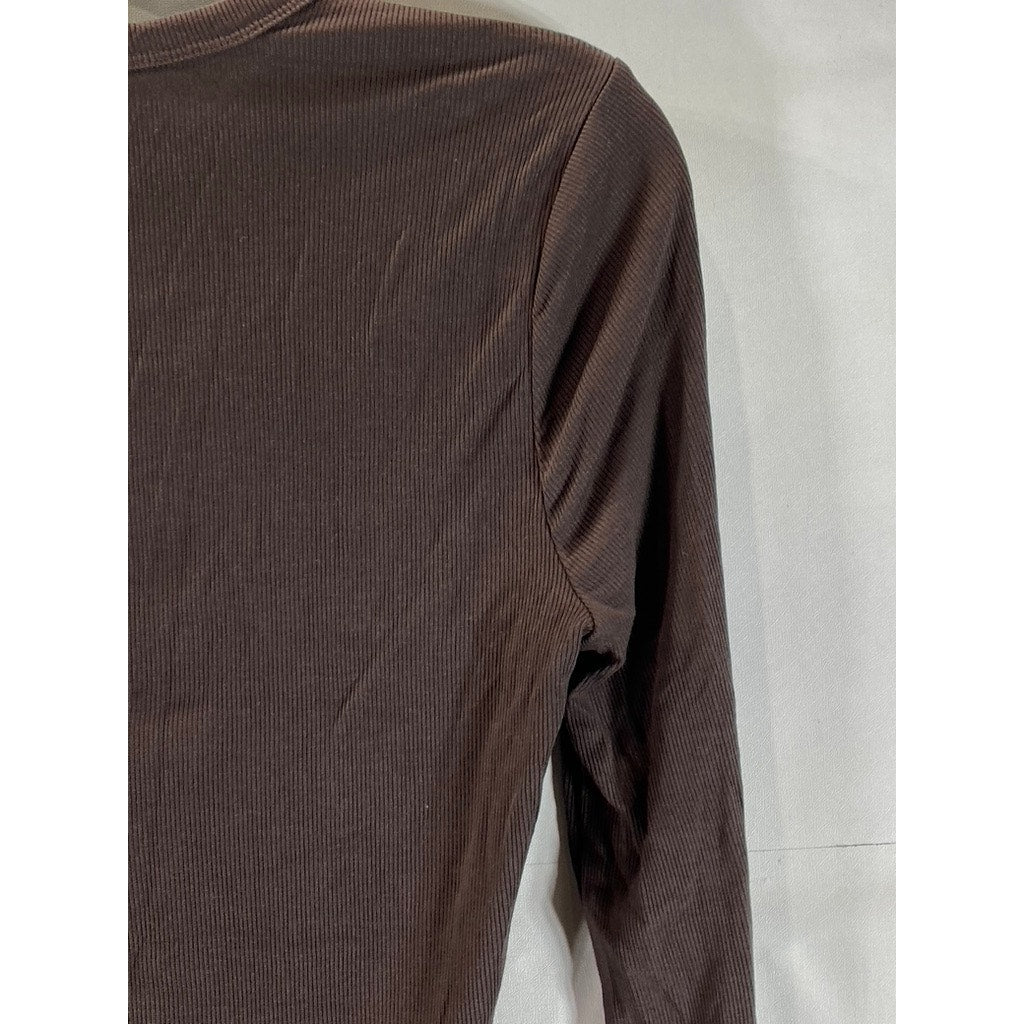 SUNDAY BEST ReRib Women's Dark Brown Ribbed Crewneck Long Sleeve Top SZ S