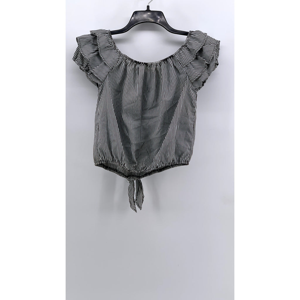 LILY WHITE Women's Black-White Striped Off-The-Shoulder Tie Hem Ruffle Top SZ M