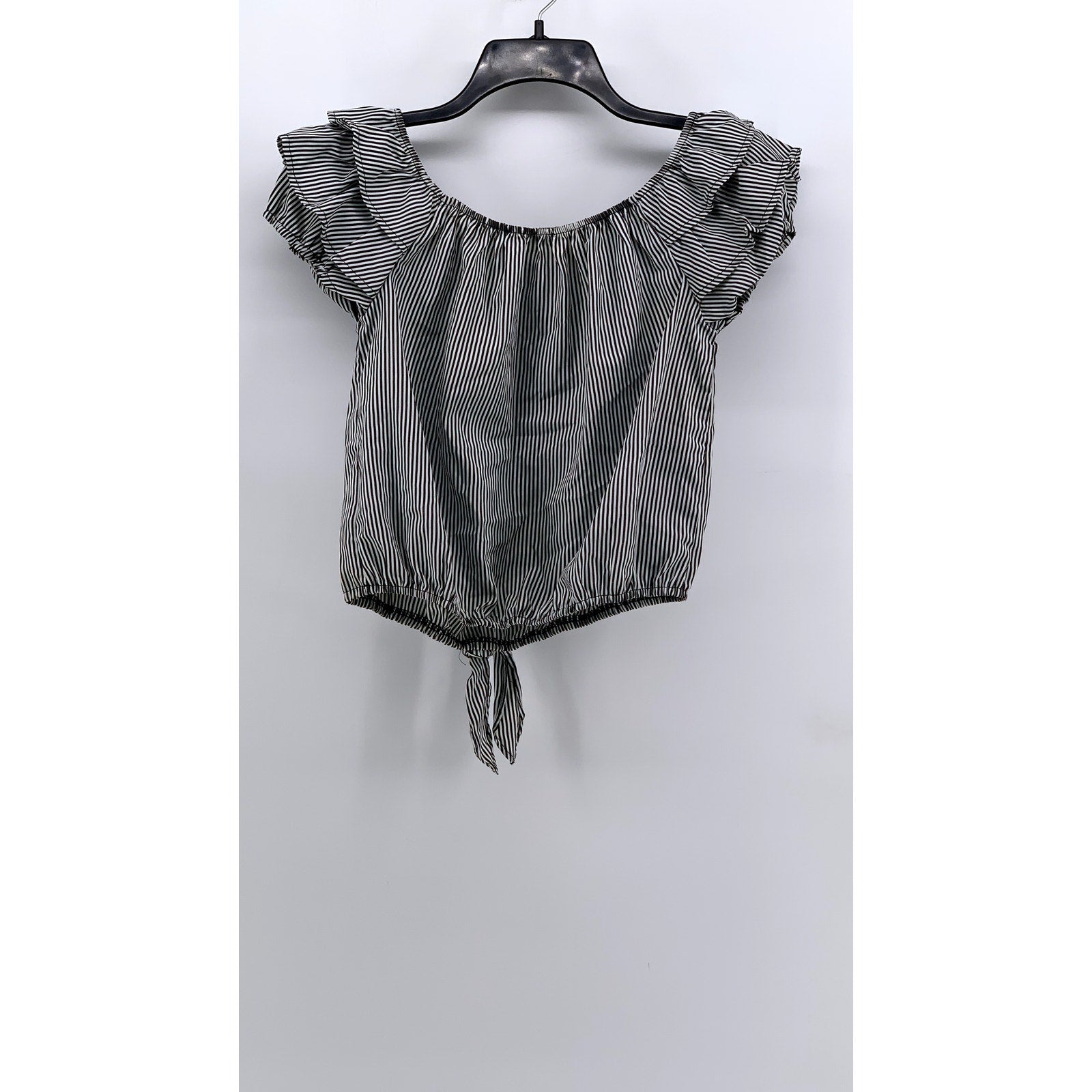 LILY WHITE Women's Black-White Striped Off-The-Shoulder Tie Hem Ruffle Top SZ M