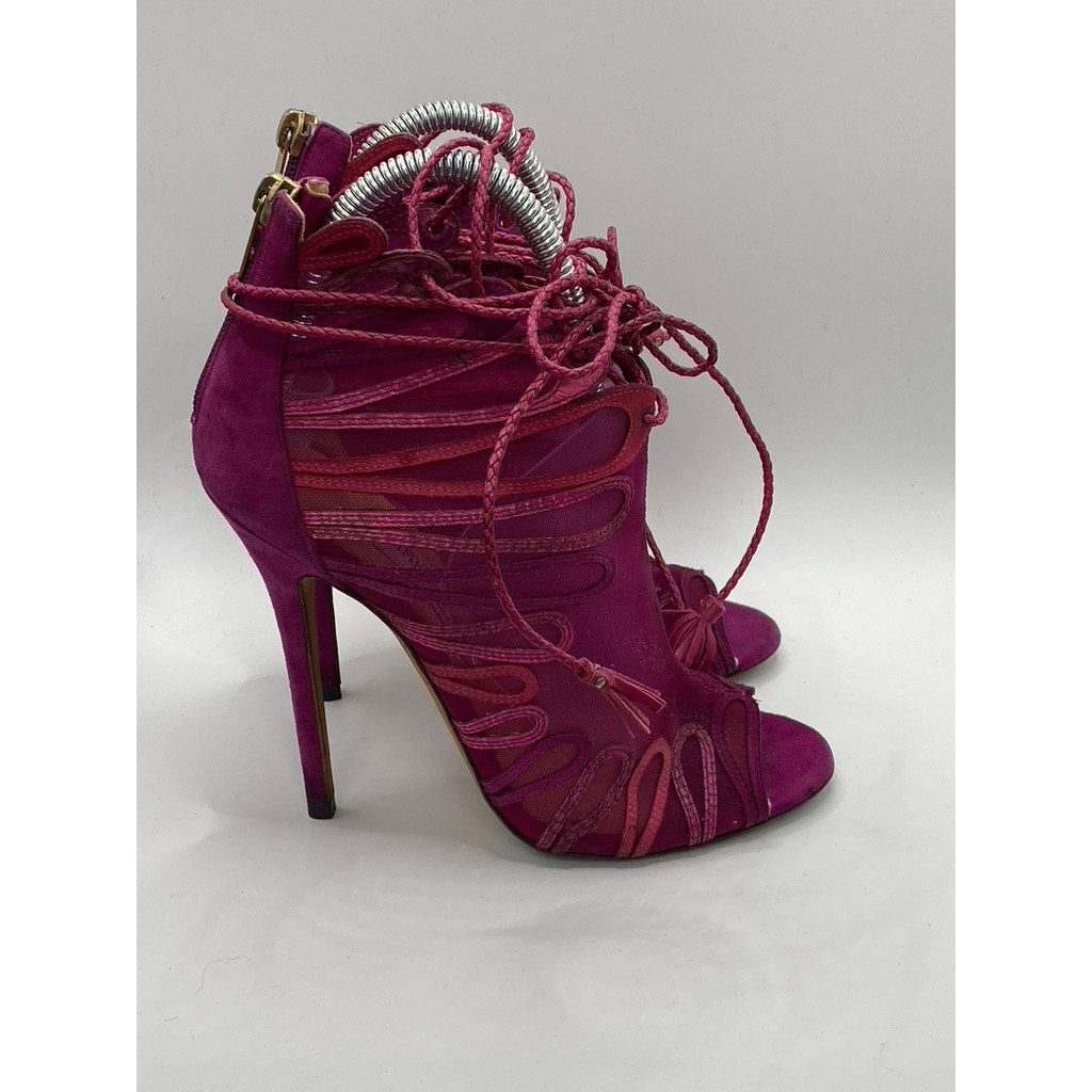 JIMMY CHOO Women's Magenta Kafira Mesh Peep-Toe Stiletto Booties SZ 38.5(US8.5)