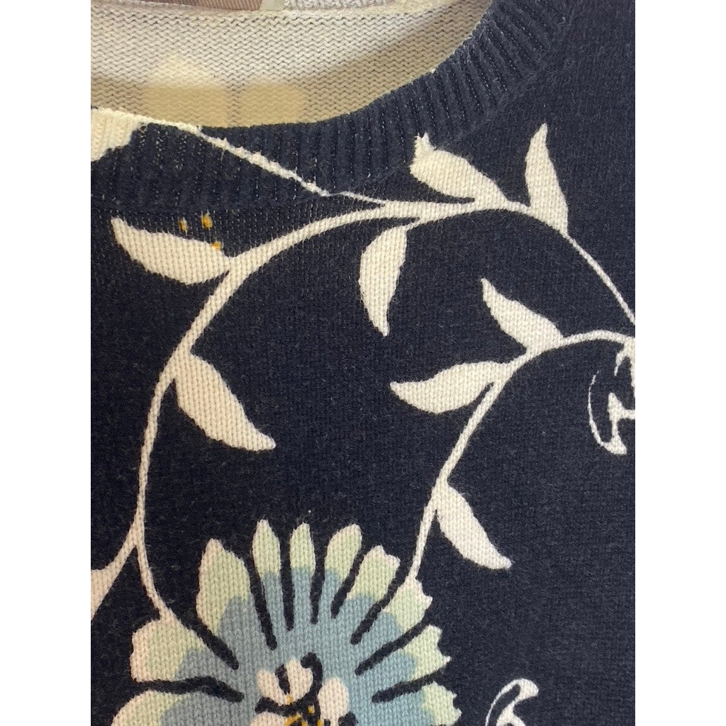 LOFT Women's Black Floral Crewneck Long Sleeve Lightweight Sweater SZ S