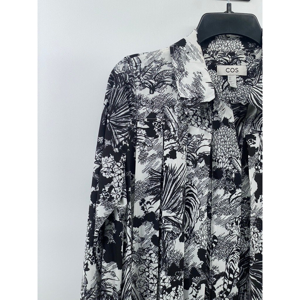 COS Women's Black-White Printed Pleated Long Sleeve A-line Midi Dress SZ 4