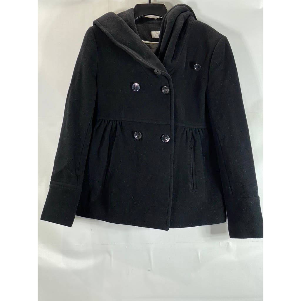 MARC NEW YORK ANDREW MARC Women's Black Wool-Blend Double Breast Hooded Coat SZ8