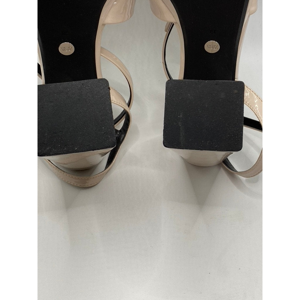ZARA Women's Beige Patent Leather Chunky Platform Strappy Heels SZ US 7.5