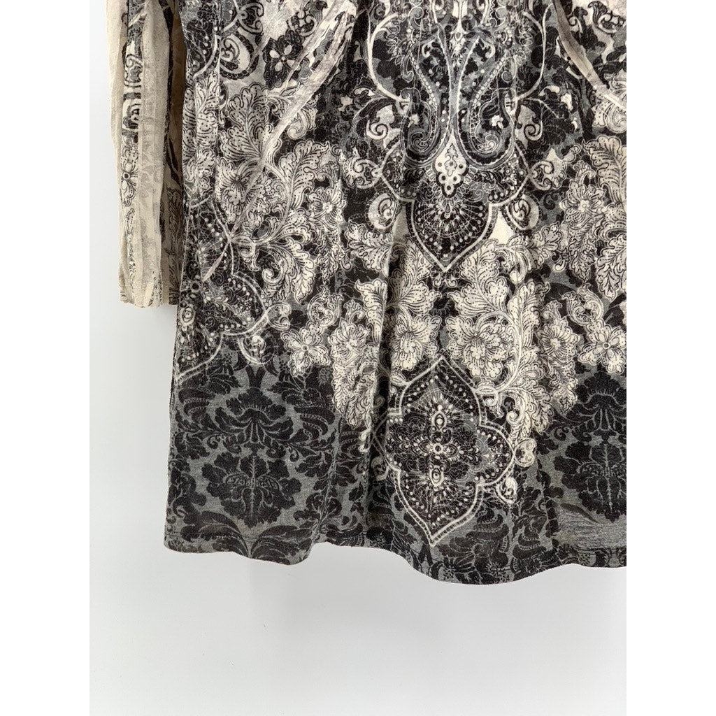 LOVE AMOUR Women's Wihte-Black Y2K Floral 3/4 Sleeve Top SZ M