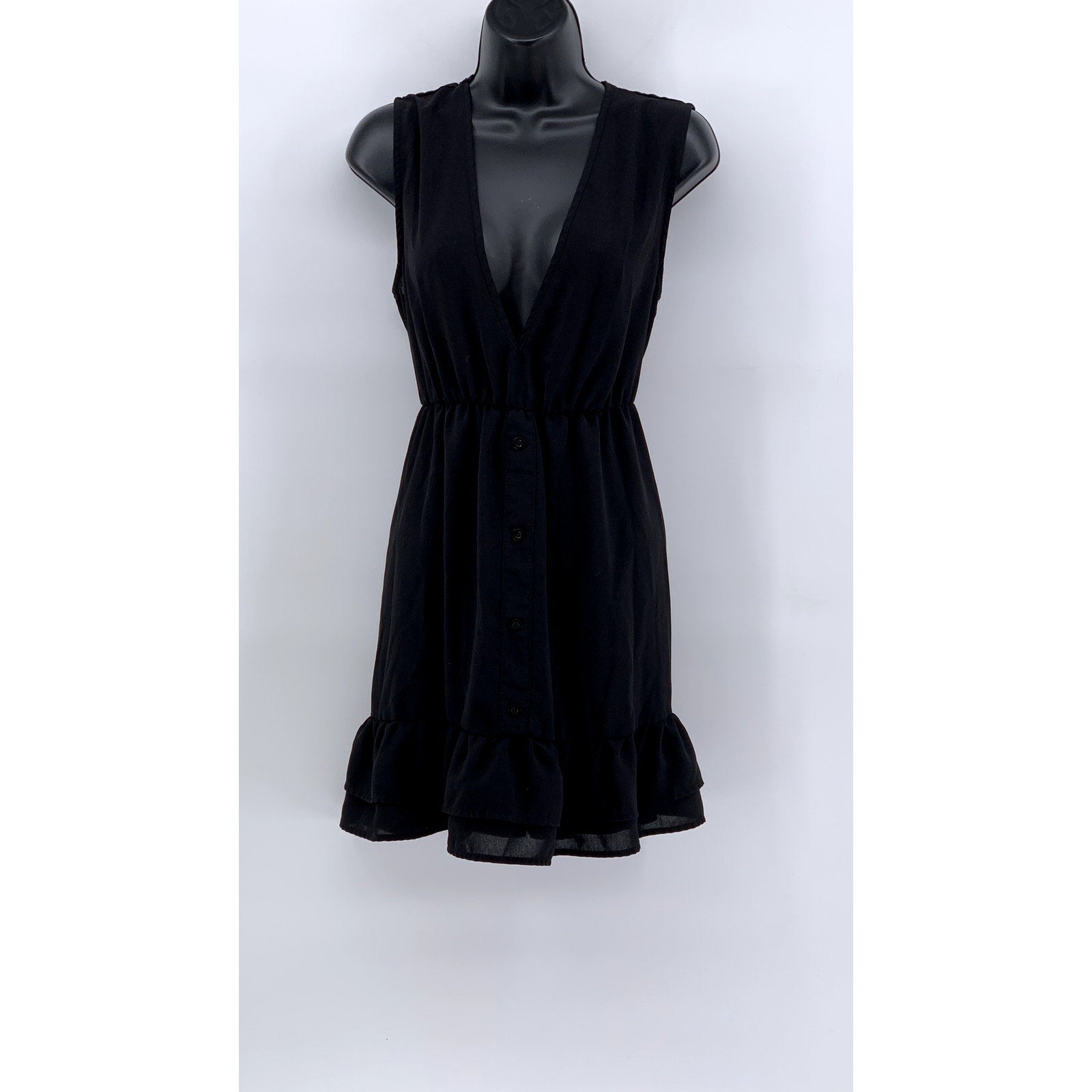 SHEIN Women's Black V-Neck Sleeveless Ruffle-Hem Knee Length Dress SZ 6