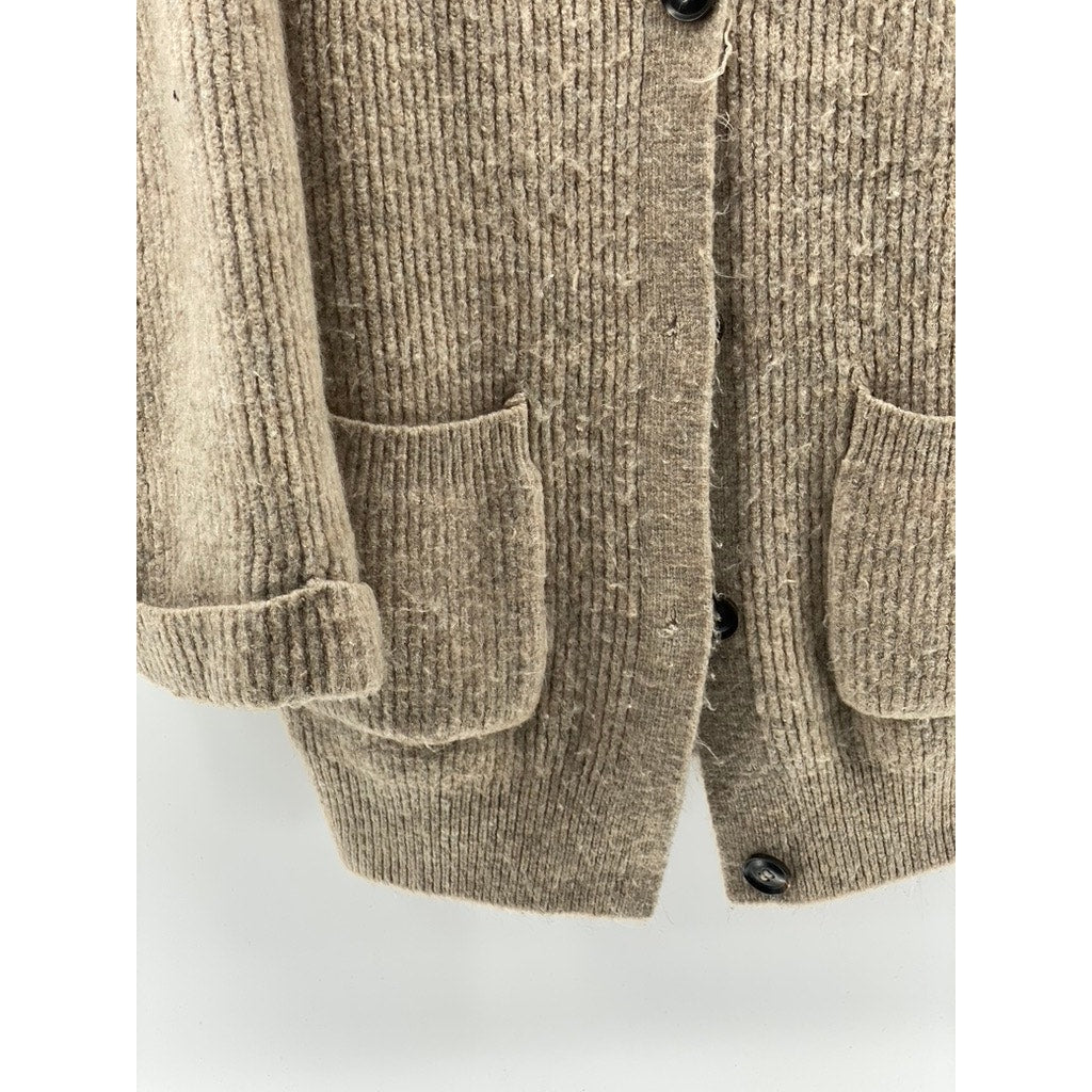PINCH Women's Tan Rib Knit V-Neck Long Sleeve Button-Up Cuffed Cardigan SZ M/L