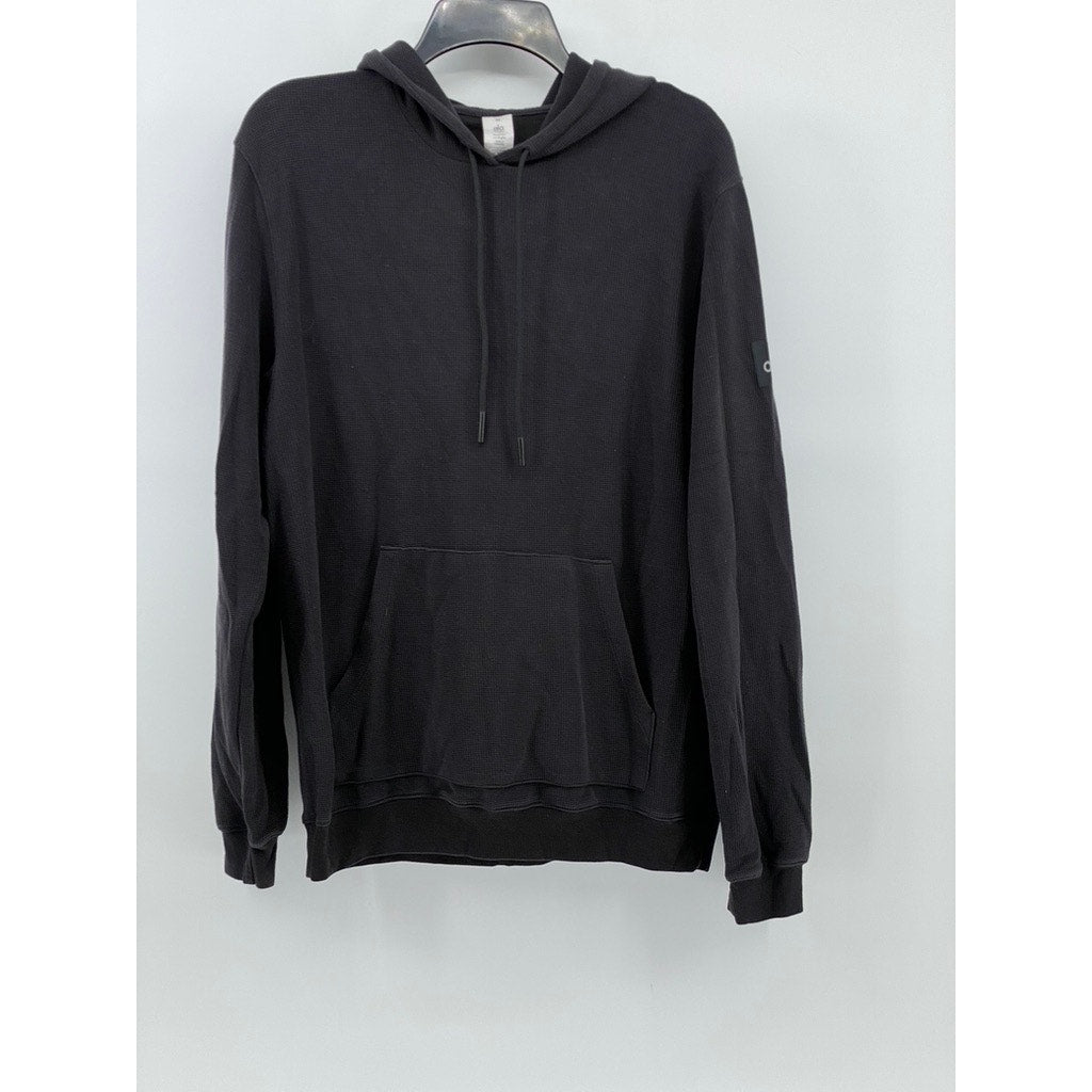 ALO YOGA Men's Black Micro Waffle Knit Pullover Lightweight Hoodie SZ M