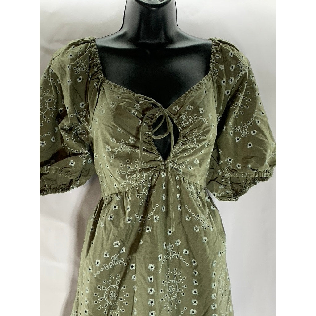 PRIMARK Women's Green Eyelet Keyhole Front Puff-Sleeve Maxi Dress SZ 12