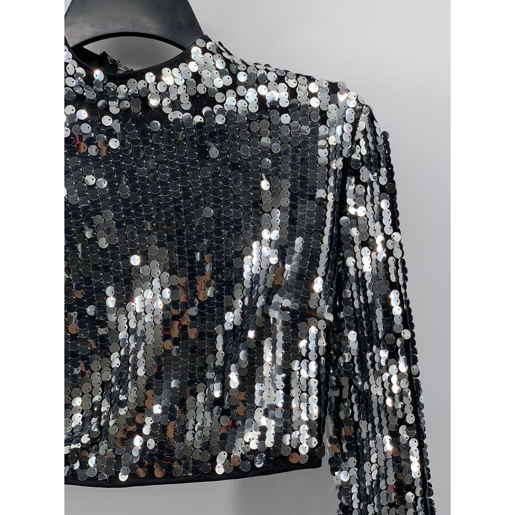 HOT & DELICIOUS Women's Silver-Black Sequin Cropped Long Sleeve Top SZ S
