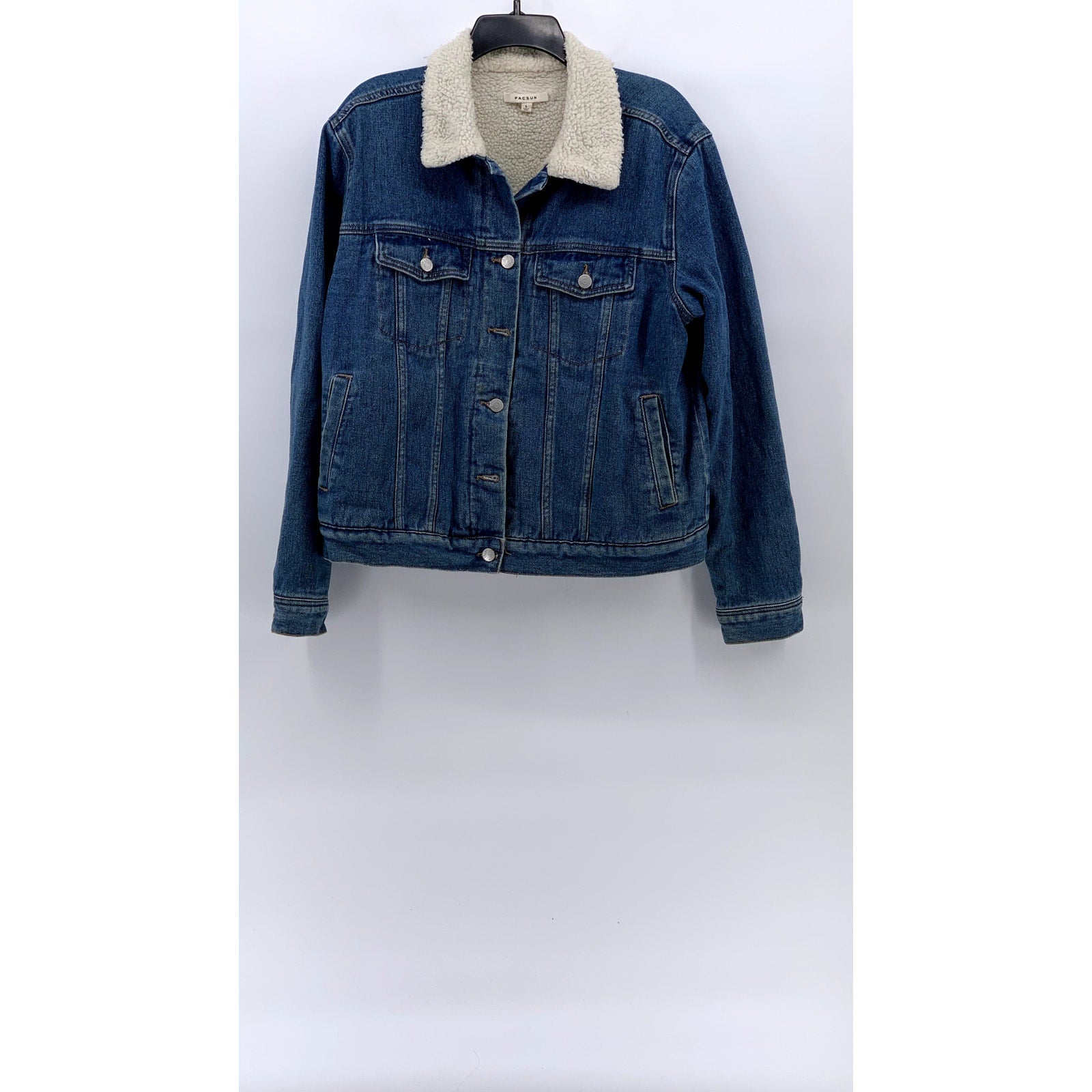 PACSUN Women's Dark Blue Denim Button-Up Sherpa Oversized Trucker Jacket SZ L