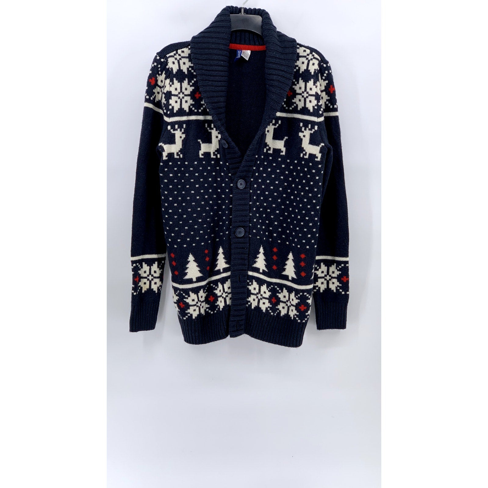 DIVIDED By H&M Men's Navy-White X-Mas Print Shawl Collar Knit Cardigan SZ S