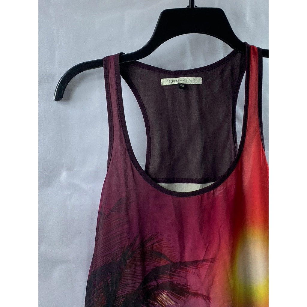 BERSHKA Women’s Multi-Color Palm Print Scoop-Neck Casual Tank Mini Dress SZ M