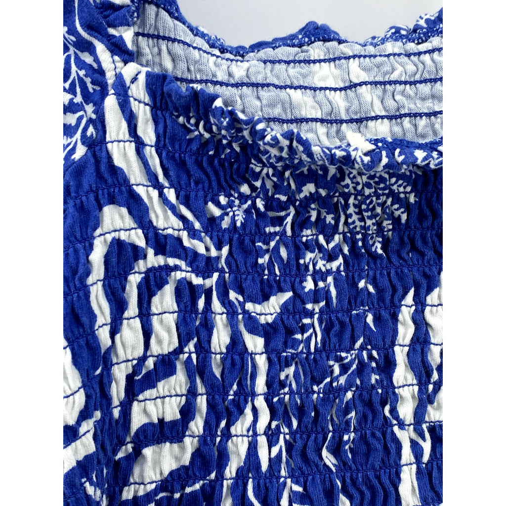 UNBRANDED Women's Dark Blue Printed Smocked Puff Short Sleeve Top SZ S