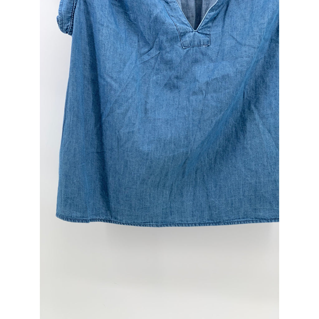 GAP Women's Blue Chambray Split-Neck Flutter Short Sleeve Top SZ S