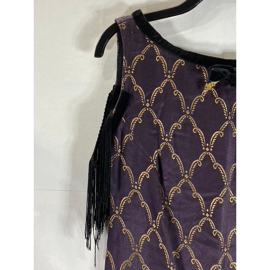 VINTAGE Unbranded Women's Purple/Nude Fringe Open-Back Mini Flapper Dress SZ M